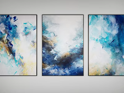 Three Framed Abstract Paintings With Blue White Yellow Modern Wall Art Design 3d model