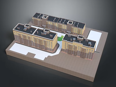 Multi Story Residential Building Model With Yellow Exteriors Dark Roofs And Central Green Area 3d model