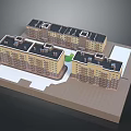 Multi Story Residential Building Model With Yellow Exteriors Dark Roofs And Central Green Area