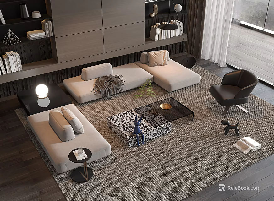Modern Living Room Sofa And Coffee Table Set With Area Rug And Decorative Pillows 3d model 