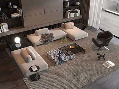 Modern Living Room Sofa And Coffee Table Set With Area Rug And Decorative Pillows 3d model