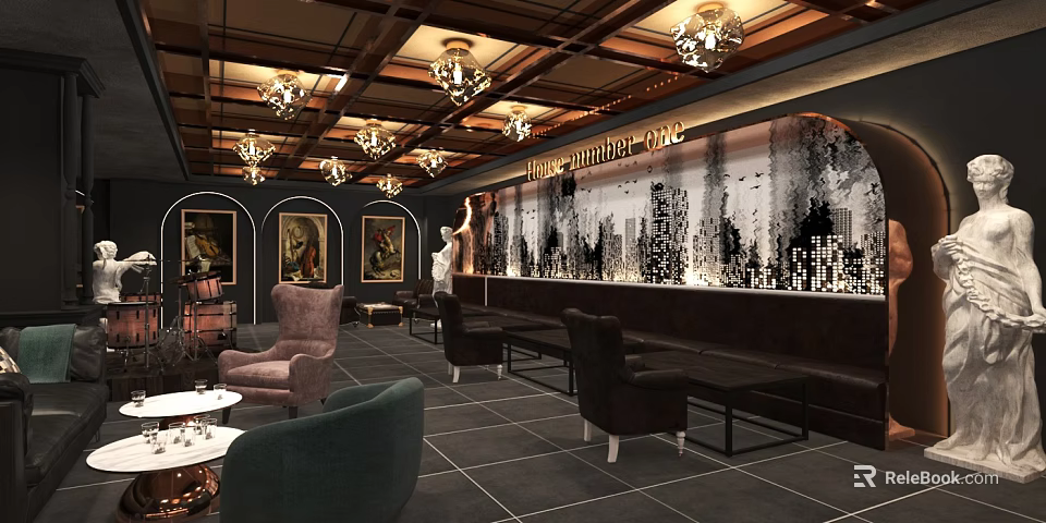 Vintage Bar Interior Design With Chandeliers City Mural And Comfortable Sofas 3d model 