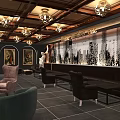 Vintage Bar Interior Design With Chandeliers City Mural And Comfortable Sofas