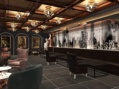Vintage Bar Interior Design With Chandeliers City Mural And Comfortable Sofas 3d model