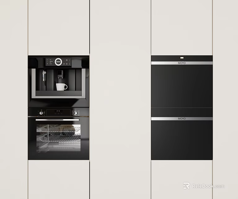 Built in Modern Kitchen Appliances Including Coffee Maker Oven and Dishwasher 3d model 