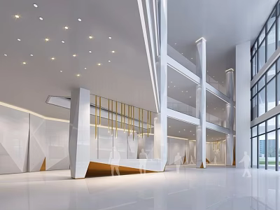Modern Hotel Lobby Interior With Spacious Design Glass Windows Staircase And Elegant Lighting 3d model