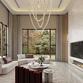 Elegant Duplex Living Room Interior With Large Windows Chandelier Sofa And Coffee Table