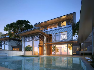 Modern Detached Villa With Swimming Pool Large Glass Windows And Tree Surroundings 3d model