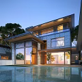 Modern Detached Villa With Swimming Pool Large Glass Windows And Tree Surroundings