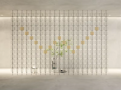 Modern Grid Room Divider With Golden Decorative Blocks And Green Plant 3d model