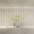Modern Grid Room Divider With Golden Decorative Blocks And Green Plant