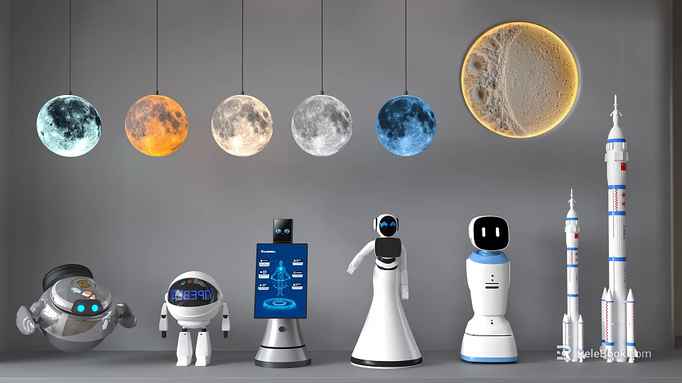 Smart Machines Display with Various Robot Models and Hanging Planet Ornaments 3d model