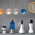 Smart Machines Display with Various Robot Models and Hanging Planet Ornaments 3d model