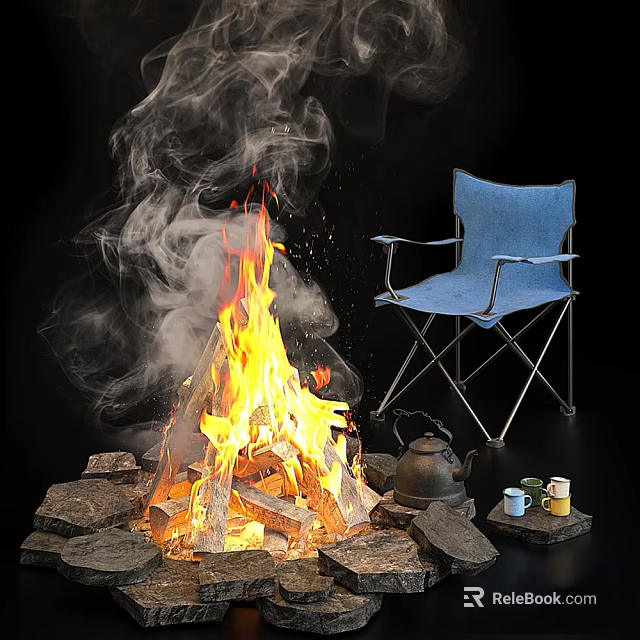 Cozy Garden Outdoor Decor with Burning Bonfire Blue Folding Chair Teapot and Cups 3d model 