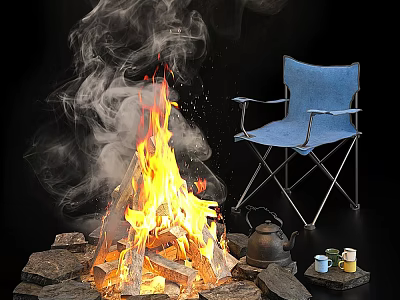 Cozy Garden Outdoor Decor with Burning Bonfire Blue Folding Chair Teapot and Cups 3d model