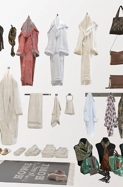 Cozy Clothes Collection Including Robes Towels Scarves Bags And Slippers 3d model