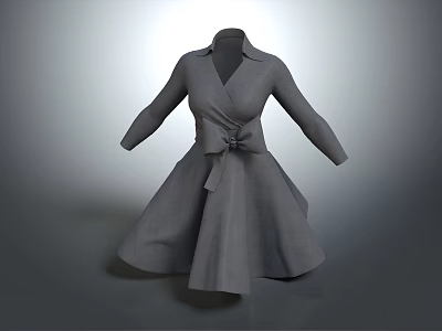 Women's Gray Collared Long Sleeve Dress With Bow Tie Waist And A Line Skirt 3d model