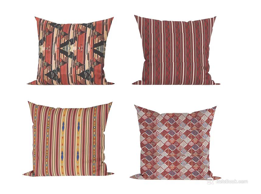 Assorted Decorative Throw Pillows With Geometric Striped And Diamond Patterns 3d model