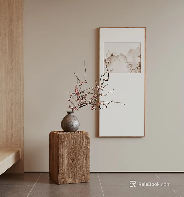 Chinese Landscape Painting Hanging with Wooden Pedestal Vase and Flower Branches 3d model 
