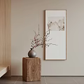Chinese Landscape Painting Hanging with Wooden Pedestal Vase and Flower Branches