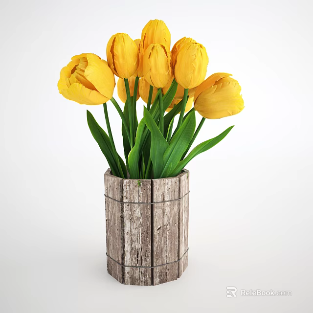 Rustic Wooden Striped Vase with Fresh Yellow Tulip Bouquet on White Background 3d model 
