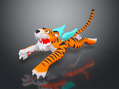 3D Striped Tiger Figure With Blue Wings Open Mouth In Dynamic Flying Pose 3d model