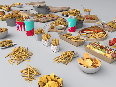 Assorted Fast Food Items Including Fries Chips Hot Dogs And Cold Drinks 3d model