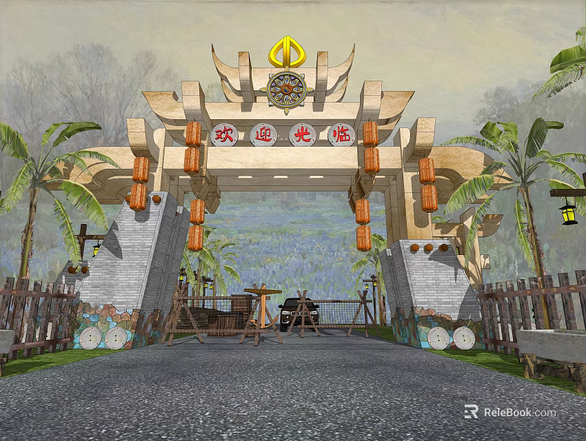 Traditional Chinese Entrance Gate With Golden Decorations Lanterns Palm Trees Wooden Fences Stone Walls 3d model 
