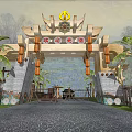 Traditional Chinese Entrance Gate With Golden Decorations Lanterns Palm Trees Wooden Fences Stone Walls