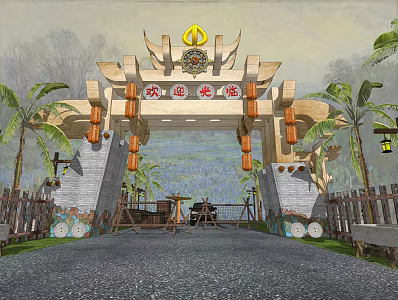 Wooden Frame Niujiao Shaped Scenic Area Town Village Entrance Gate 3d model