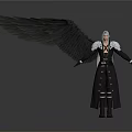 Man With Black Wings Silver Hair In Long Black Coat Spreading Arms