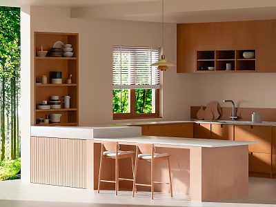 Modern Kitchen Interior With Wooden Cabinets Island Counter Stools And Window View 3d model