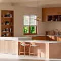 Modern Kitchen Interior With Wooden Cabinets Island Counter Stools And Window View