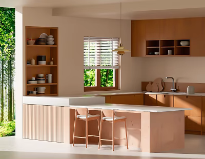 Modern Kitchen Interior With Wooden Cabinets Island Counter Stools And Window View 3d model