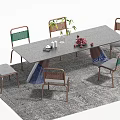 Modern Rectangular Dining Table Set With Grey Top And Green Woven Metal Chairs 3d model