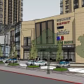 Modern Commercial Building Exterior With Glass Facade Shops Pedestrians And Trees