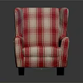 Classic Wingback Single Sofa With Red And White Plaid Fabric Upholstery