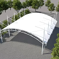 Tensile Membrane Shade Structure with Metal Frame Surrounded by Trees Under Blue Sky 3d model