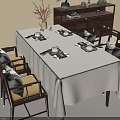 Dining Table Set With White Tablecloth Wooden Chairs Tableware Vase And Decorative Cabinet