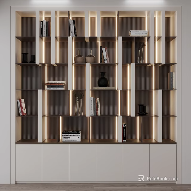 Modern Bookcase Interior Design With Layered Shelves Built-in Lighting And Decorative Items 3d model 