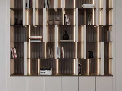 Modern Bookcase Interior Design With Layered Shelves Built-in Lighting And Decorative Items 3d model