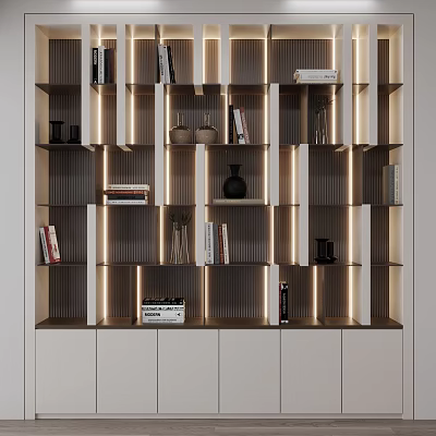 Modern Bookcase Interior Design With Layered Shelves Built-in Lighting And Decorative Items 3d model