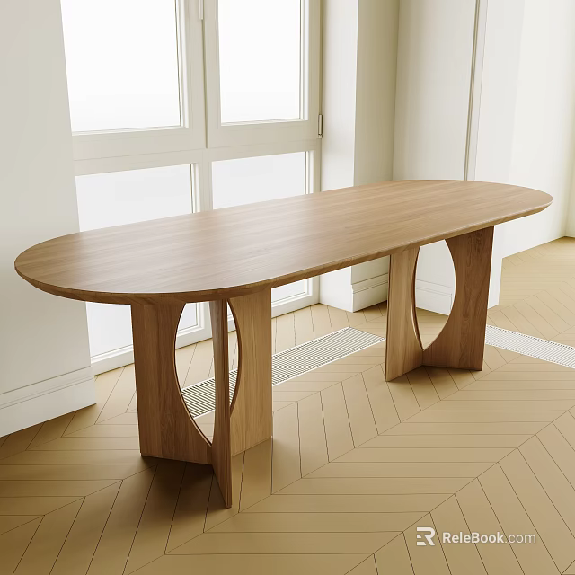 Modern Wooden Oval Dining Table With Unique Curved Legs And Window Light On Herringbone Floor 3d model 