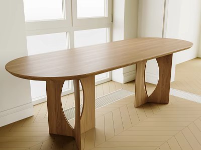 Modern Wooden Oval Dining Table With Unique Curved Legs And Window Light On Herringbone Floor 3d model