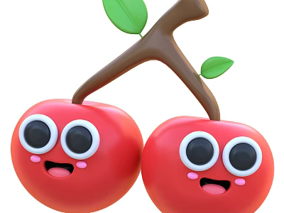 Cute Cartoon Cherries With Smiling Faces Green Leaves And Brown Branch 3d model
