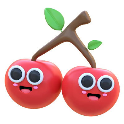 Cute Cartoon Cherries With Smiling Faces Green Leaves And Brown Branch 3d model