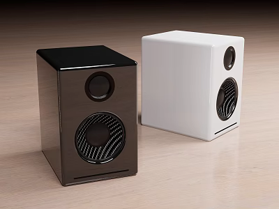 Stylish Black And White Cube Shaped Speakers With Sleek Design On Wooden Floor 3d model