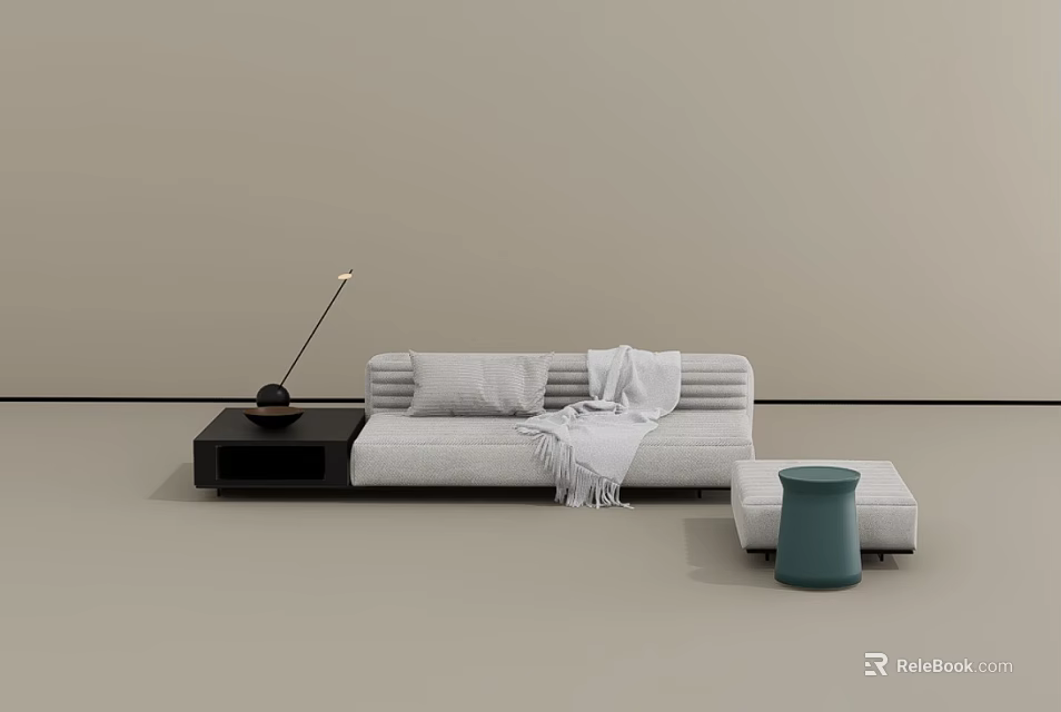 Modern Gray Fabric Sofa Set With Side Table Floor Lamp Ottoman And Throw Blanket 3d model