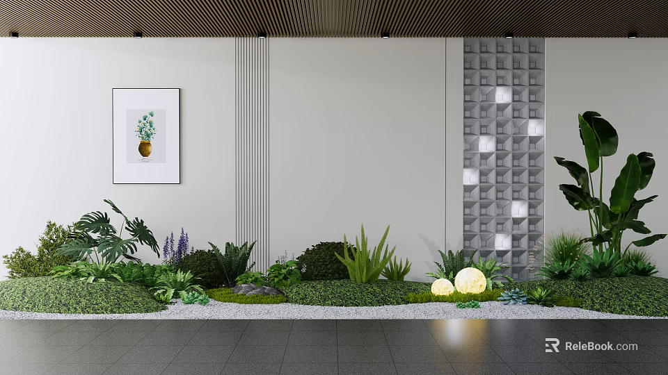 Courtyard Garden Design With Tropical Plants Purple Flowers Green Shrubs Stone Ground And Wall Lighting 3d model 