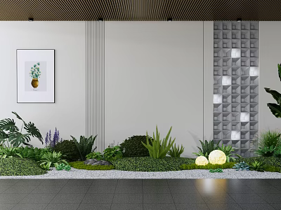 Courtyard Garden Design With Tropical Plants Purple Flowers Green Shrubs Stone Ground And Wall Lighting 3d model